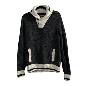 ROOTS Wool Shawl Collar Sweater Elbow Patches Kangaroo Pocket Black Grey L